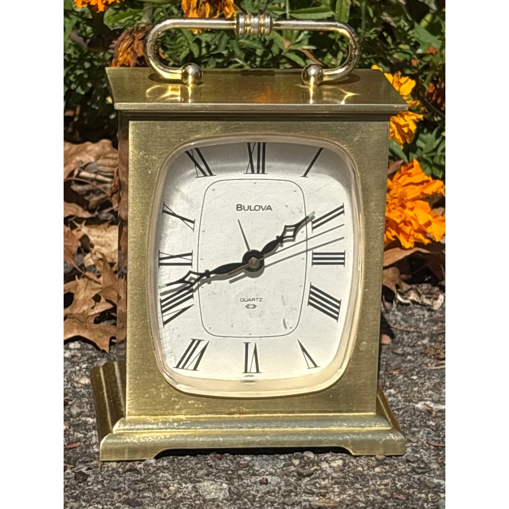 Vintage Bulova B0581 Metropolitan Brass Quartz Carriage Clock Alarm Roman Dial